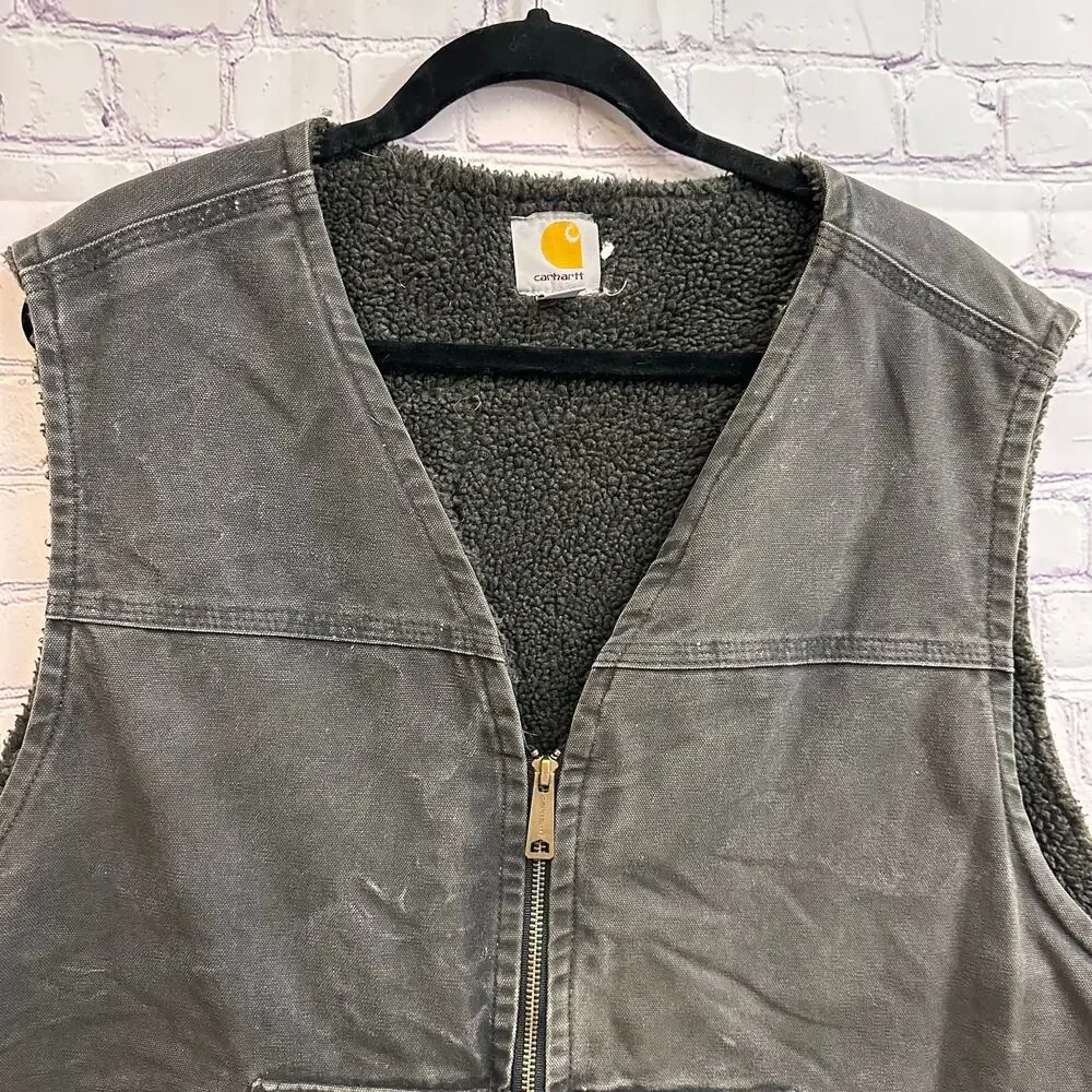 Vintage Charhartt Faded Black Sherpa Lined V Neck Zip Up Vest Men's 2XL V26 BLK - Picture 2 of 9